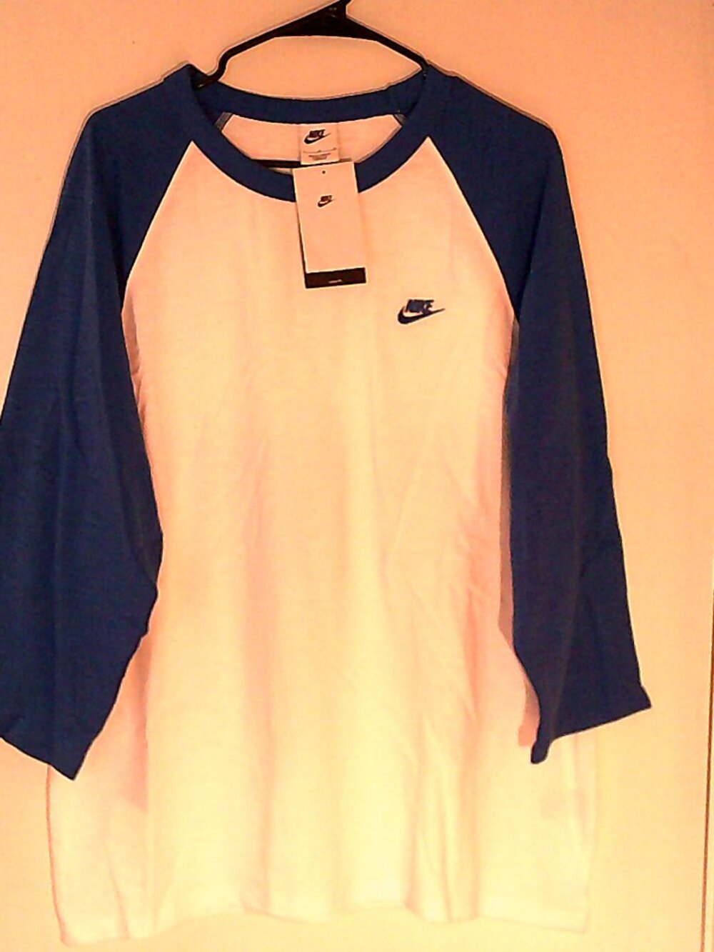 NEW NIKE BASEBALL "3/4 Sleeve Raglan Tee" MEN'S BLUE WHITE T-SHIRT L IF0755-480